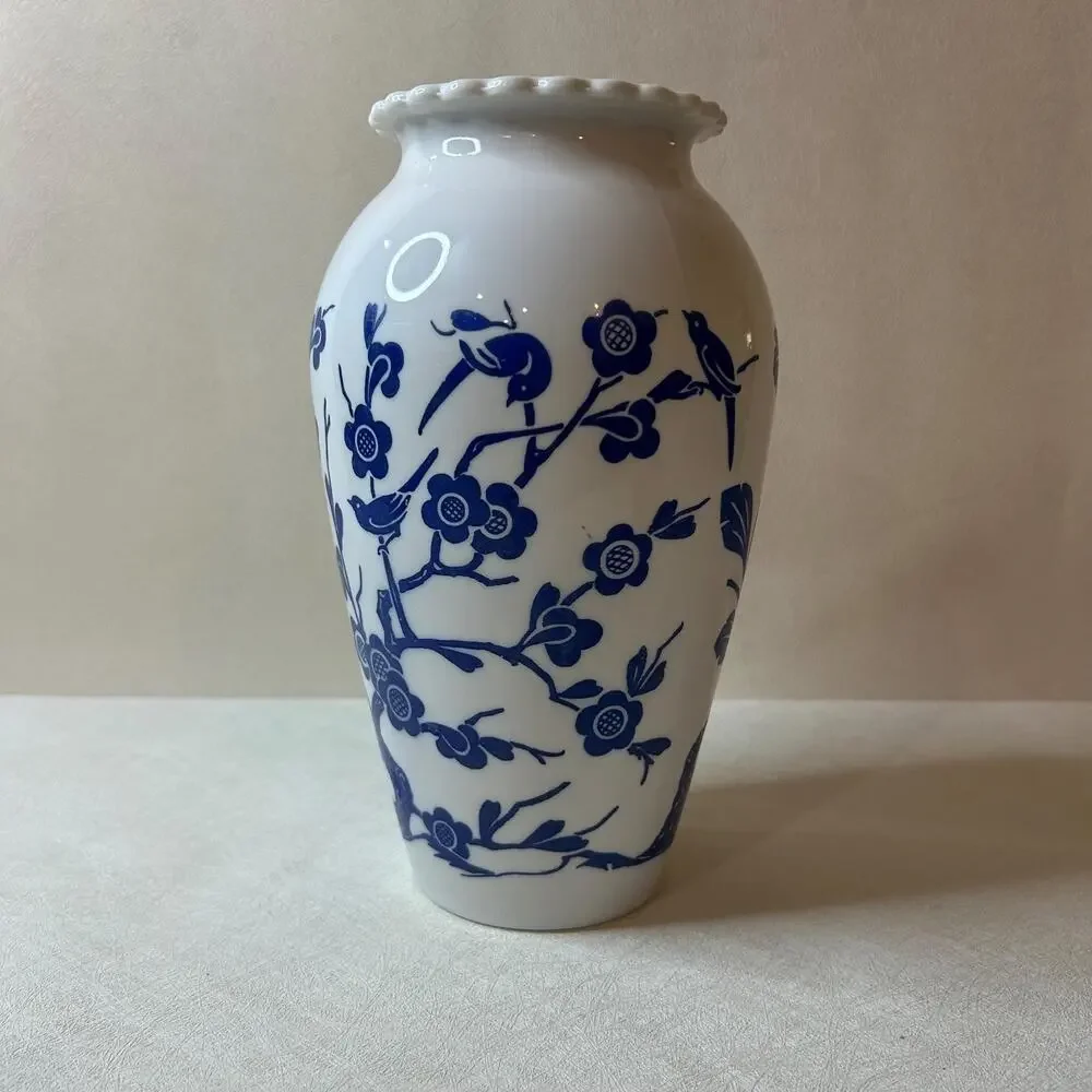 Vintage Blue and White Porcelain Bird and Floral Vase, Chinoiserie